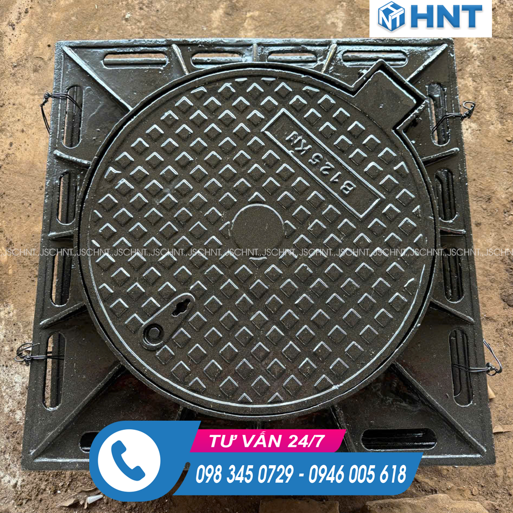 Nắm Hố Ga Gang Khung Vuông Âm Nắp Tròn